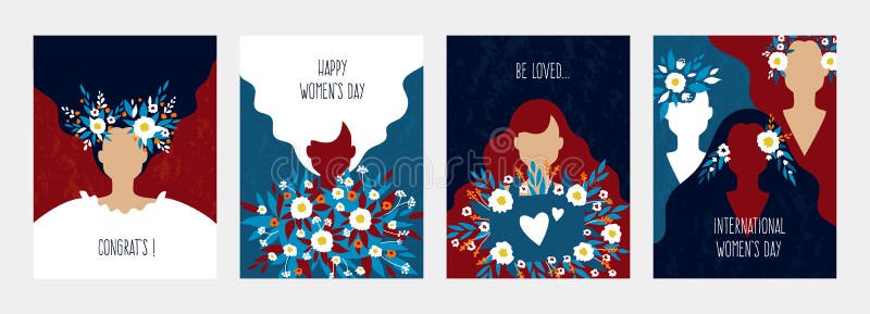 Abstract woman poster. Greeting cards for Woman&x27;s Day. Minimal female silhouettes, girls with long loose hair holding