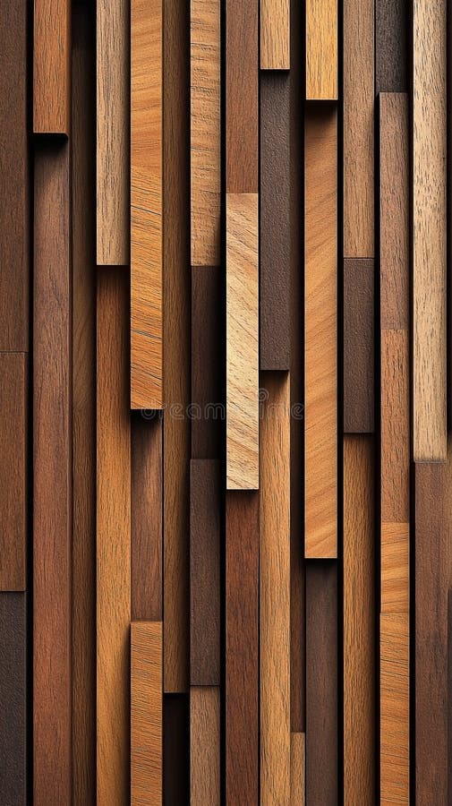 Abstract wooden panel background with various shades and lengths of rectangular wood pieces