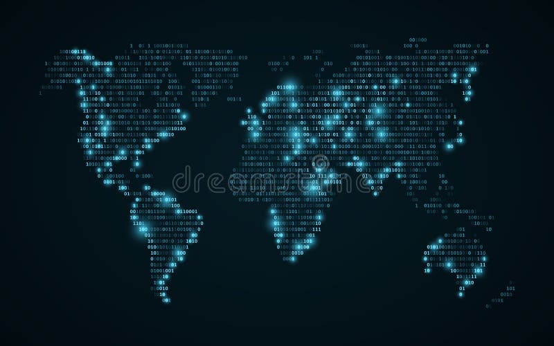 Abstract world map of binary code. Glowing map of the earth. Dark blue background. Blue lights. High tech. Sci-fi technology. Prog stock illustration