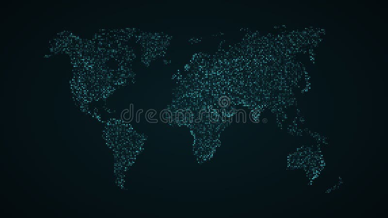 Abstract world map. Blue map of the earth from the square points. Dark background. Blue glow. High tech. Sci-fi technology. Global royalty free illustration