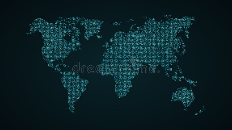 Abstract world map. Blue map of the earth from the square points. Dark background. Blue glow. High tech. Sci-fi tech. Global netwo stock illustration