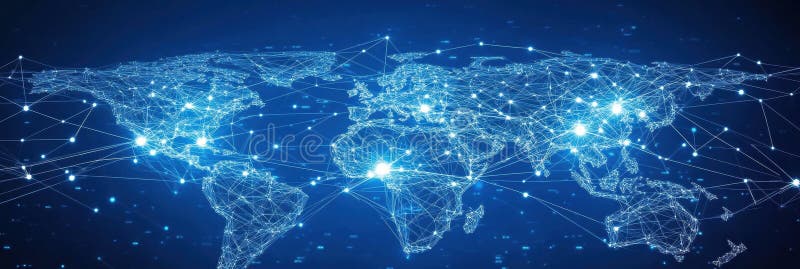 Abstract world map with connected nodes illustrating global communication over a tech-style blue background royalty free illustration