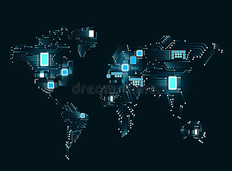 Abstract world map with cpu. Circuit board. Technology background. stock illustration Abstract world map with cpu. Circuit board. Technology background. stock illustration