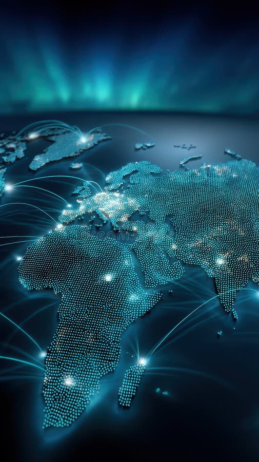 Abstract world map formed from glowing dots with network connection lines representing global connectivity, communication, and international business. Global network connection map stock images, royalty-free photos and pictures