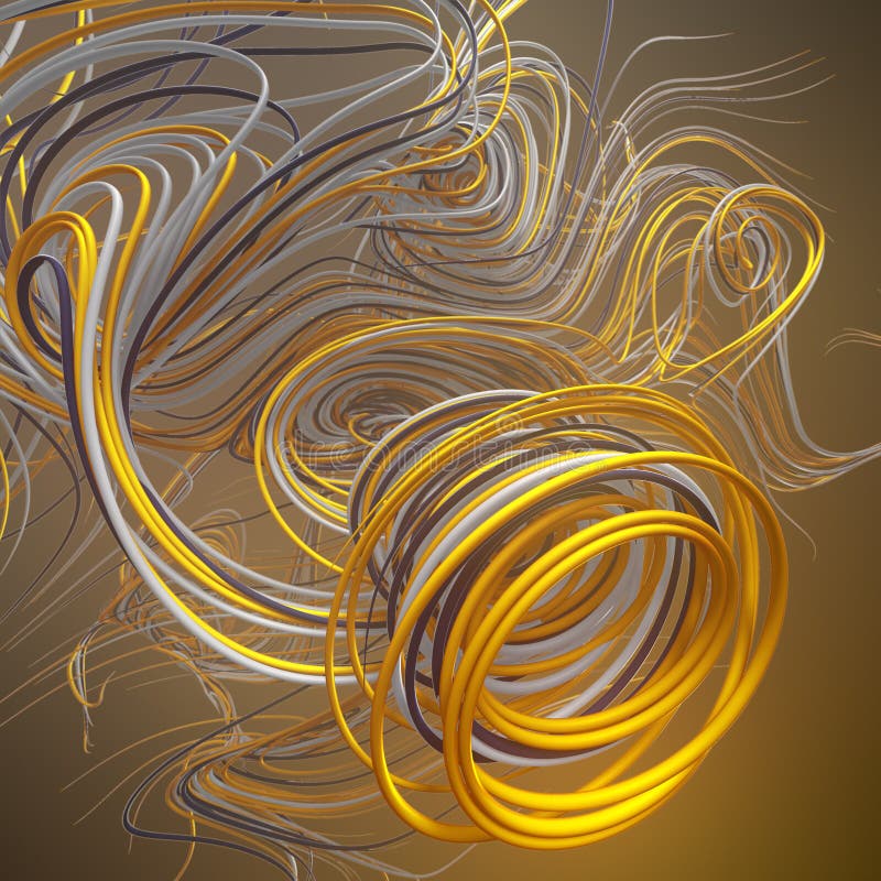 Interlacing abstract yellow colored curves. Computer generated geometric pattern. 3D rendering vector illustration