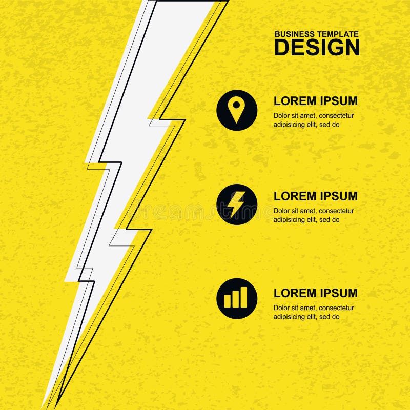 Abstract yellow grunge texture background with black, white lightning and icons. Concept for brochure