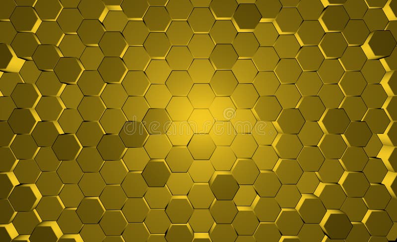 Abstract yellow hexagons background. Golden honeycomb in 3d grid tech structure. Surreal and technological surface royalty free stock images
