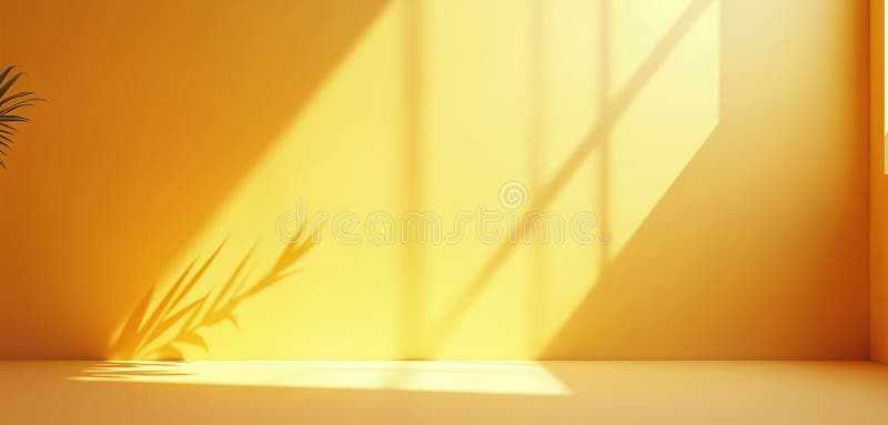 Abstract yellow room backdrop with sunlight shadows. Product, beauty, cosmetic presentation template. Minimal empty studio scene stock illustration