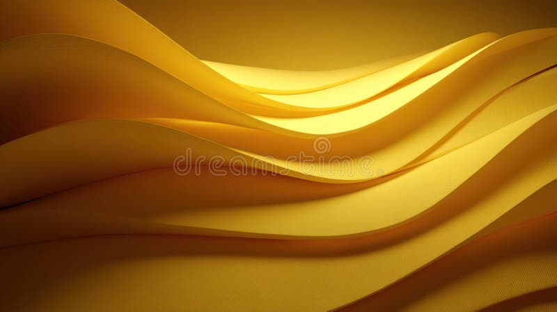 Abstract Yellow Wave-Patterned Background with 3D Overlapping Layers. A vibrant abstract yellow background featuring wave patterns with overlapping layers and light reflections, rendered in a 3D style for a dynamic visual effect.