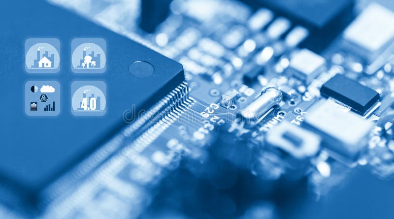 Abstracte achtergrond van close-updetails van elektronische cpu-spaander met kleurrijk de industriepictogram, concept moderne tec stock afbeelding Abstracte achtergrond van close-updetails van elektronische cpu-spaander met kleurrijk de industriepictogram, concept moderne tec stock afbeelding