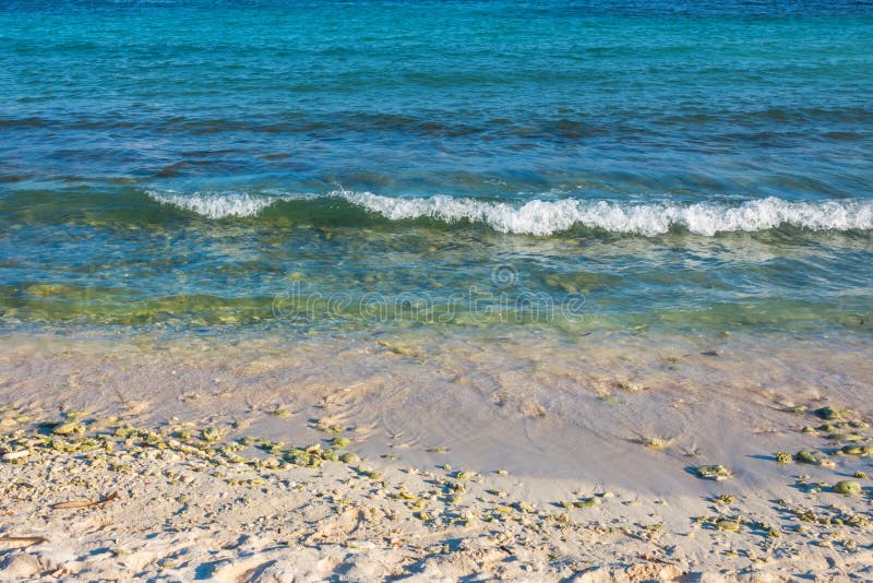 Abstracte achtergrond van turkooise blauwe oceaangolf op zandig strand royalty-vrije stock fotografie Abstracte achtergrond van turkooise blauwe oceaangolf op zandig strand royalty-vrije stock fotografie