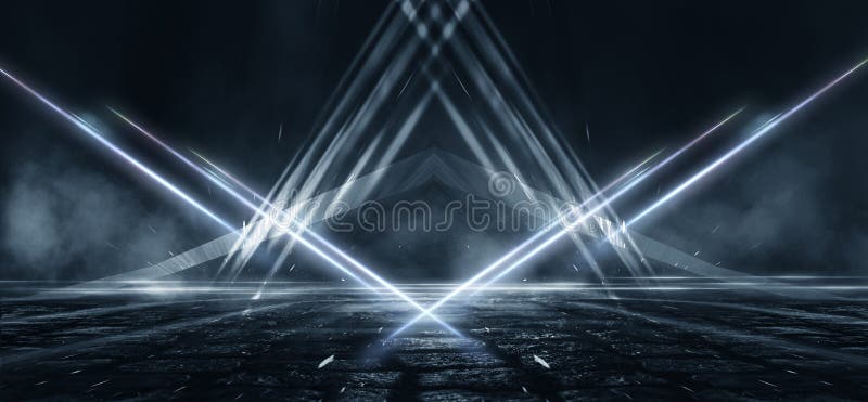 Abstracte blauwe achtergrond met stralen van neonlicht, schijnwerper, bezinning op het asfalt vector illustratie Abstracte blauwe achtergrond met stralen van neonlicht, schijnwerper, bezinning op het asfalt vector illustratie