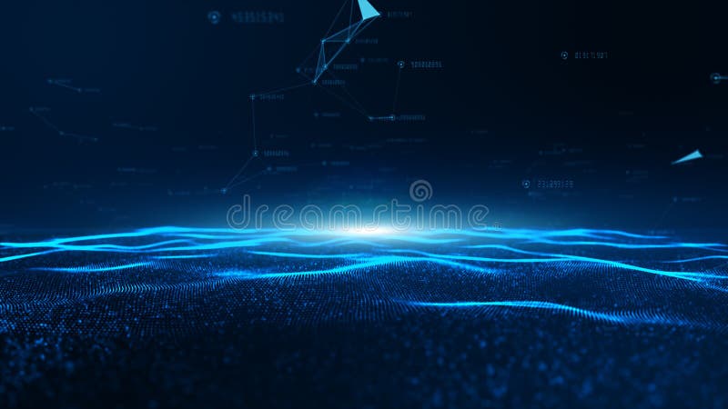 Abstracte blauwe digitale deeltjesgolf en digitale gegevensnetwerkverbindingen voor een technologie, communicatie of sociale medi Abstracte blauwe digitale deeltjesgolf en digitale gegevensnetwerkverbindingen voor een technologie, communicatie of sociale medi