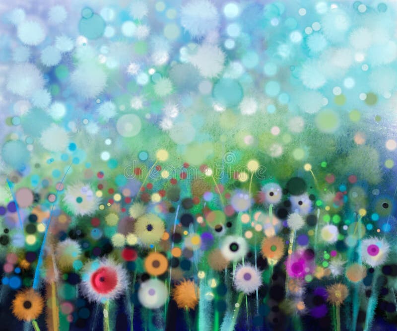 Abstract floral watercolor painting. Hand paint Yellow and white flowers dandelion in soft color on green-blue color background. Spring flower seasonal nature background. Abstract floral watercolor painting. Hand paint Yellow and white flowers dandelion in soft color on green-blue color background. Spring flower seasonal nature background