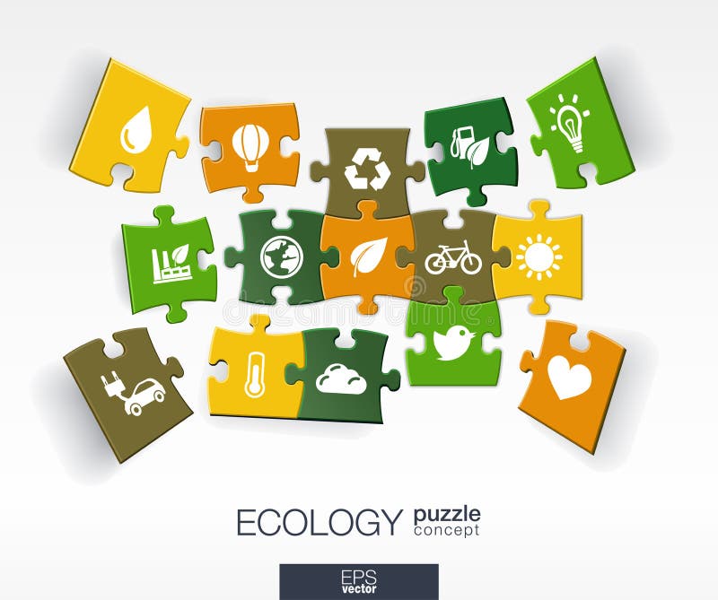 Abstracte ecologieachtergrond met verbonden kleurenraadsels, geïntegreerde vlakke pictogrammen 3d infographic concept met eco, gr