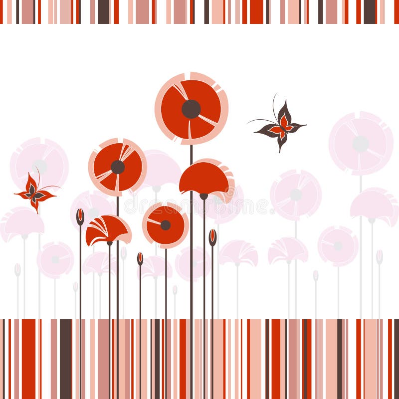 Abstract red poppy butterfly on colorful stripe background. Abstract red poppy butterfly on colorful stripe background