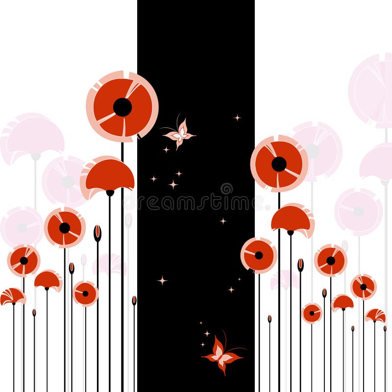 Abstract red poppy and butterfly on black and white background. Abstract red poppy and butterfly on black and white background