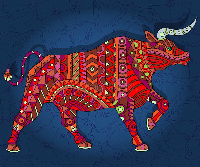 Abstracte rode stier met geometrische patronen op een donkerblauwe bloemenachtergrond stock illustratie Abstracte rode stier met geometrische patronen op een donkerblauwe bloemenachtergrond stock illustratie