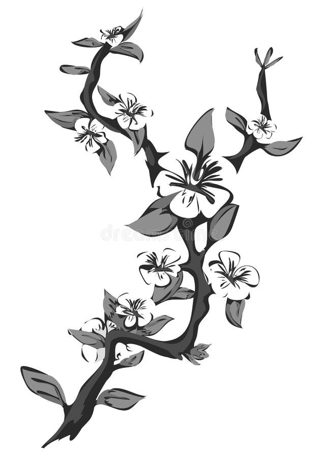 Abstracte tot bloei komende appelboom Grafische tak van appel in zwart-wit stock illustratie Abstracte tot bloei komende appelboom Grafische tak van appel in zwart-wit stock illustratie