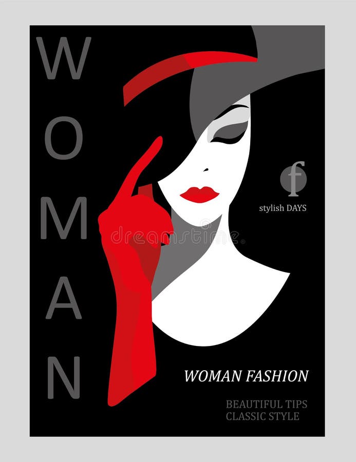 Abstract woman with big hat and red gloves. Fashion magazine cover design. Vector illustration. Abstract woman with big hat and red gloves. Fashion magazine cover design. Vector illustration