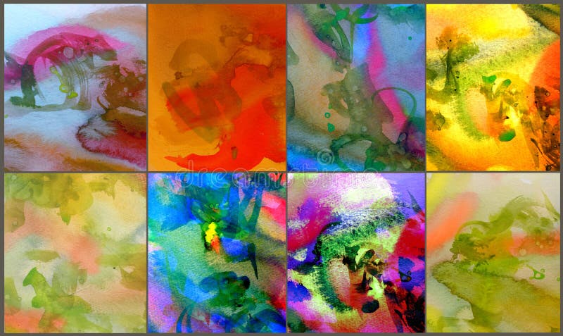 6 abstracte waterverfschilderijen