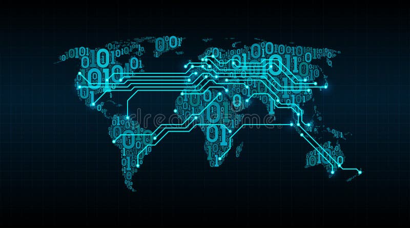 Abstracte wereldkaart van een digitale binaire code inzake een netachtergrond, verbinding tussen steden in de vorm van een gedruk stock illustratie Abstracte wereldkaart van een digitale binaire code inzake een netachtergrond, verbinding tussen steden in de vorm van een gedruk stock illustratie