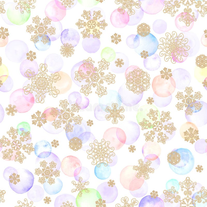 Abstract watercolor new year party background. Hand drawn multicolor geometric shapes circles and golden snowflakes seamless pattern. Watercolour print for textile, fabric, wallpaper, wrapping paper. Abstract watercolor new year party background. Hand drawn multicolor geometric shapes circles and golden snowflakes seamless pattern. Watercolour print for textile, fabric, wallpaper, wrapping paper