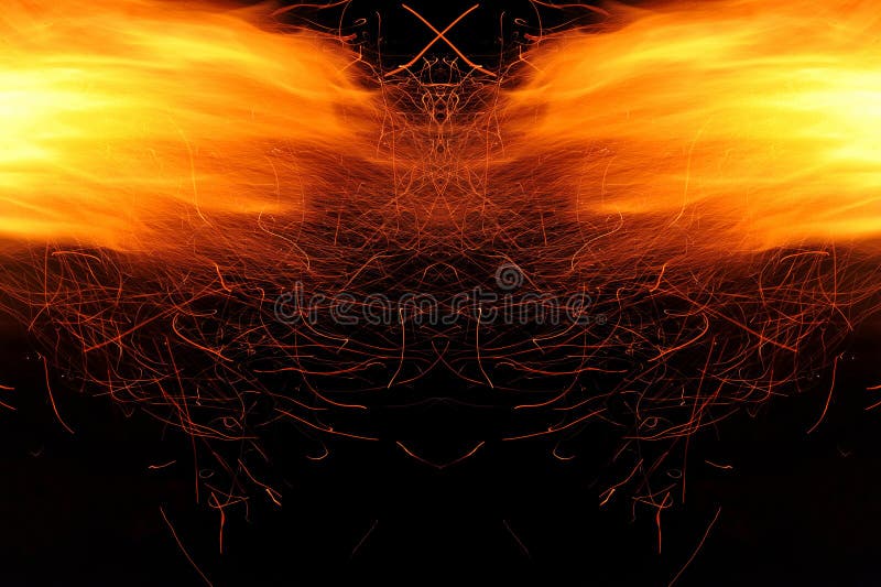 Abstraction, burning fire with sparks. Mystical prototype with patterns for the background. Horizontal reflection stock photos Abstraction, burning fire with sparks. Mystical prototype with patterns for the background. Horizontal reflection stock photos