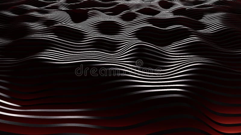 Abstraction of a dark floating flexible looping surface, covered with contrast stripes, that moves in waves. Abstract royalty free illustration