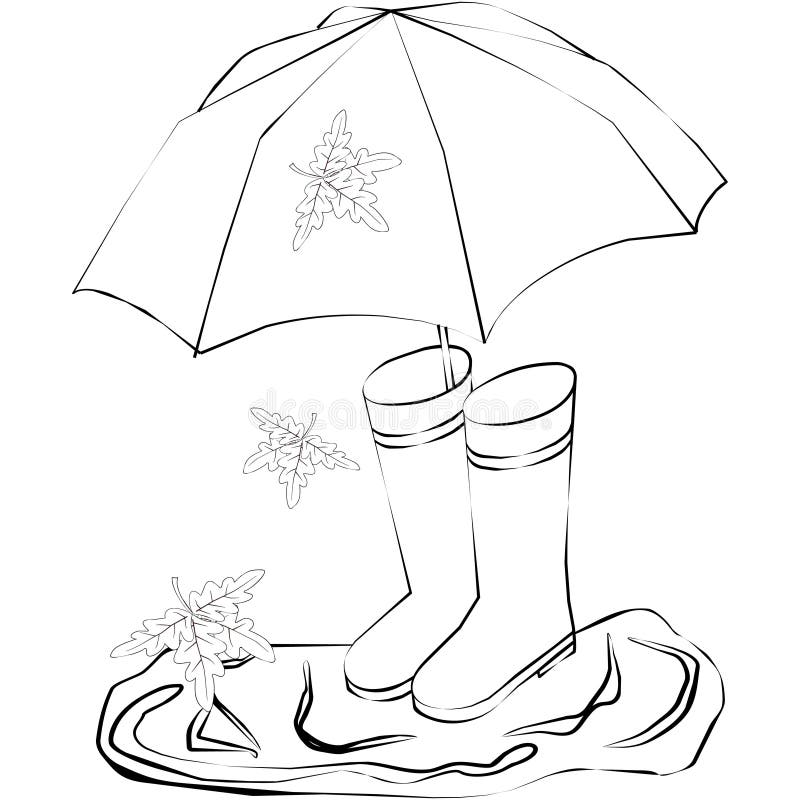 Drawing of Rubber Boots, Umbrella, Puddles Stock Vector - Illustration ...