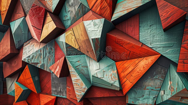 An abstraction of wooden figures of different triangular shapes and colors, creating a bright, intricate wall. stock illustration