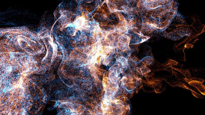 Abstrahete, oranje blauwe bewegende puntentextuur met ontoculaire deeltjes op een zwarte achtergrond die vlam exploderen