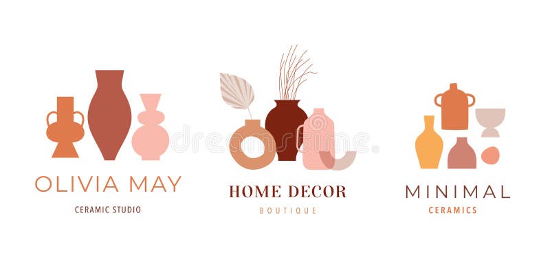 Abstrait art bohème esthétique logo design. arrangements de poterie et pots en céramique vases avec des plantes à feuilles sèches