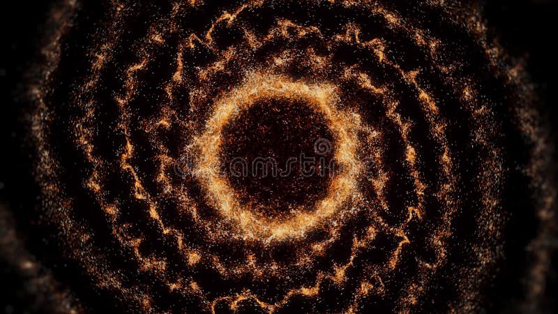Abstrait spinning hypnotique spirale d'or s'étalant sur un écran noir. animation. anneau lumineux de particules minuscules illustration libre de droits