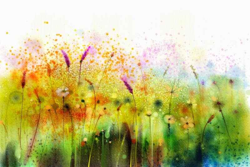 Abstrakcjonistycznego akwarela obrazu kosmosu purpurowi kwiaty i biały wildflower royalty ilustracja
