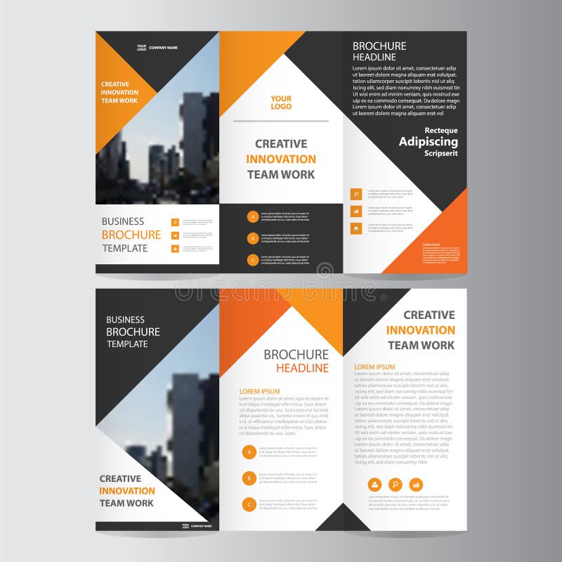Abstrakcjonistycznego pomarańczowego czarnego trójboka ulotki broszurki ulotki szablonu trifold projekt, książkowej pokrywy układ