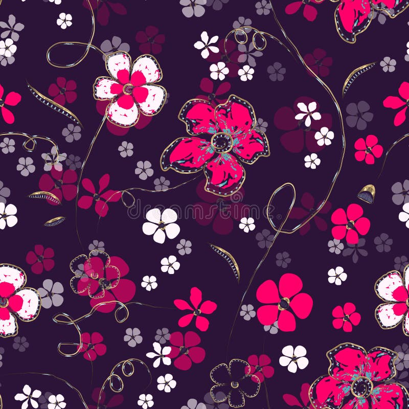 Abstrakcjonistyczni magenta kwiaty, złoto łańcuchy diamentami biali i jaskrawi i ilustracja wektor Abstrakcjonistyczni magenta kwiaty, złoto łańcuchy diamentami biali i jaskrawi i ilustracja wektor