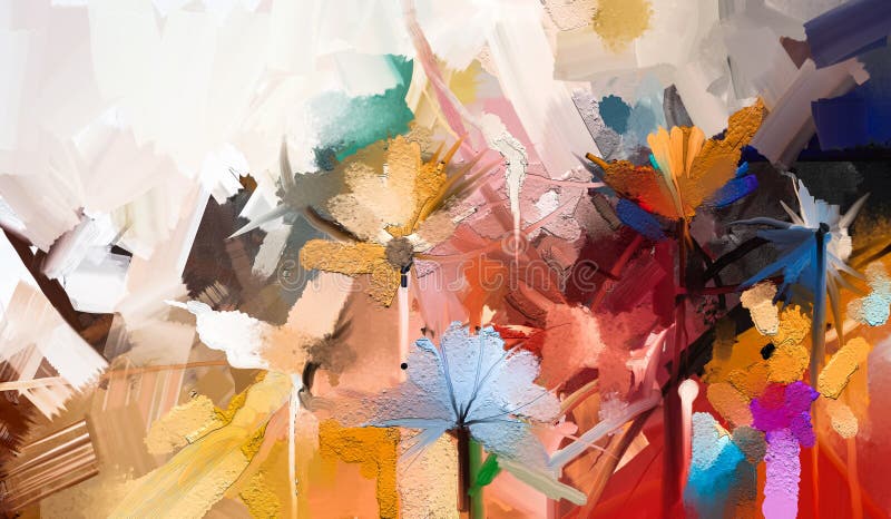 Abstrakcjonistyczny kolorowy olej, akrylowy obraz wiosna kwiat R?ka maluj?cy szczotkarski uderzenie na kanwie Ilustracyjny obraz