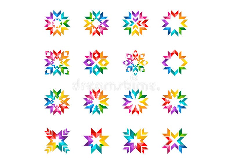 Abstract modern circle logo, rainbow arrows, elements floral, Set of round stars & sun symbol icon vector design. Abstract modern circle logo, rainbow arrows, elements floral, Set of round stars & sun symbol icon vector design