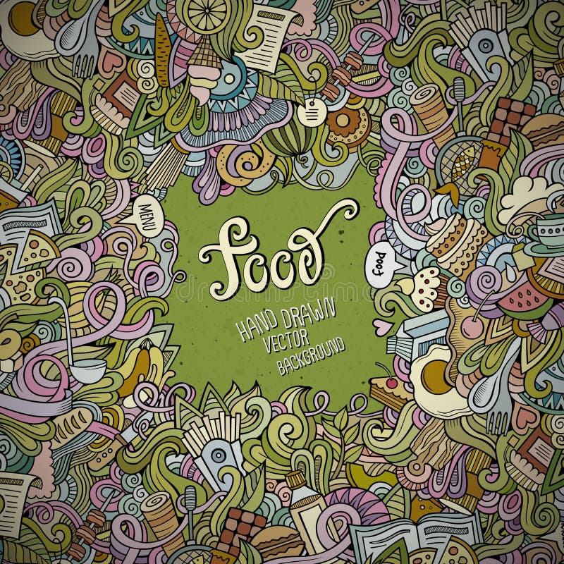 Abstrakcjonistyczny wektorowy dekoracyjny doodles jedzenia tło