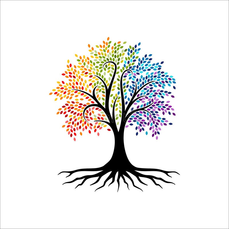 Abstrakcjonistyczny wibrujący drzewny logo projekt, korzeniowy wektor - drzewo życie logo projekta inspiracja