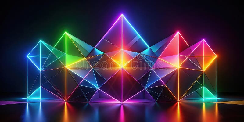 Abstrakcyjna geometryczna neonowa konstrukcja korony z żywym oświetleniem tęczowym. Generacyjna AI ilustracja wektor
