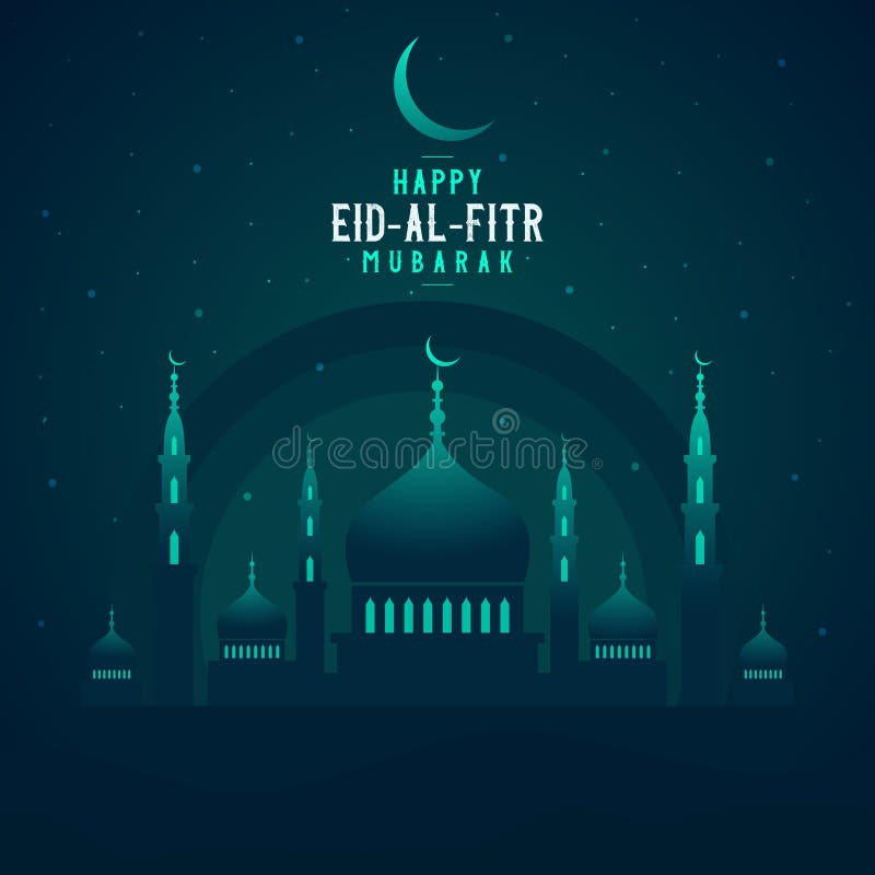 Abstract religious Happy Eid Al Fitr Mubarak Islamic vector illustration with mosque, moon and star. Mosque silhouette in the night sky and abstract light. Abstract religious Happy Eid Al Fitr Mubarak Islamic vector illustration with mosque, moon and star. Mosque silhouette in the night sky and abstract light