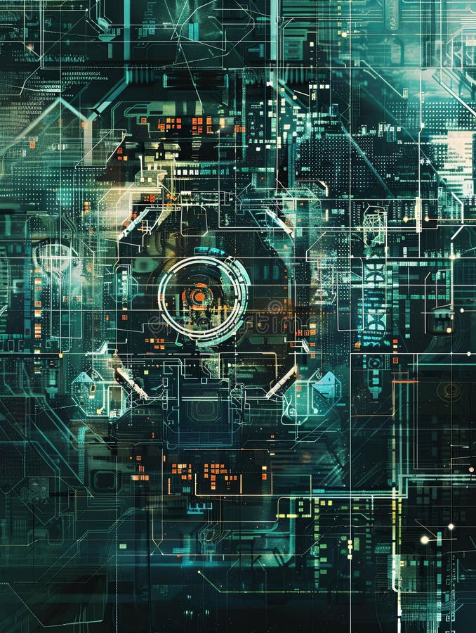 Abstrakcyjna reprezentacja futurystycznej sieci cyberbezpieczeństwa przedstawiająca ekrany blokad cyfrowych i węzły sieciowe obrazy royalty free