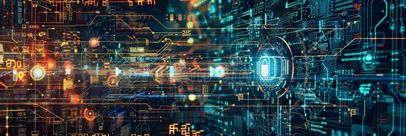 Abstrakcyjna sztuka cyfrowa przedstawiająca futurystyczną sieć cyberbezpieczeństwa chronioną algorytmami ai cyfrowymi blokadami i obrazy stock