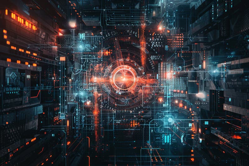 Abstrakcyjna wizualizacja futurystycznej sieci cyberbezpieczeństwa z ekranami blokad cyfrowych i węzłami sieciowymi obraz royalty free