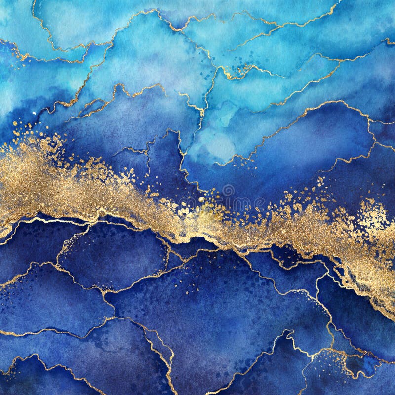 Abstrakcyjne niebieskie marmurowe tło ze złotymi żyłami pomalowanymi sztucznie marmurkowaną powierzchnią faktura z kamienia ciekłe