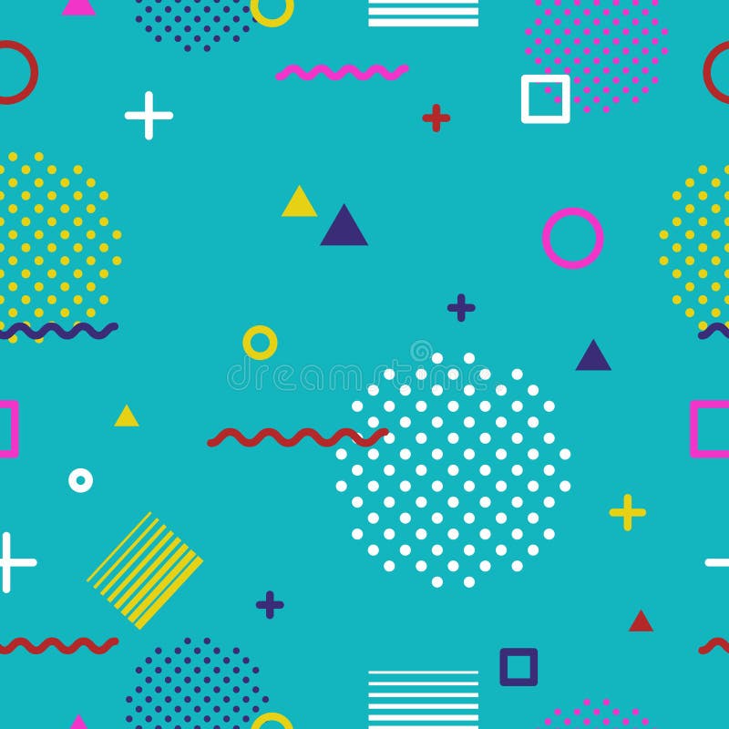 Abstrakcyjny, geometryczny wzór bez szwu w stylu Memphis na niebieskim tle Projektowanie trendów 80s-90s mody, funky retro royalty ilustracja