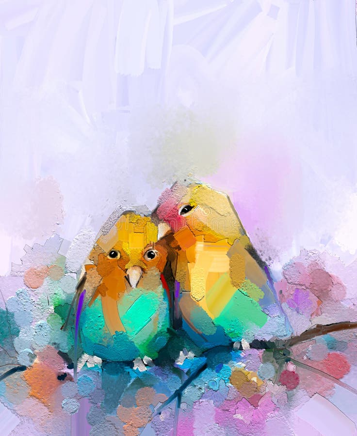 Abstrakcyjny kolorowy olej akrylowy malarstwo ptasia i wiosennego kwiatu. pędzel pędzla malarstwa nowoczesnego na płótnie.