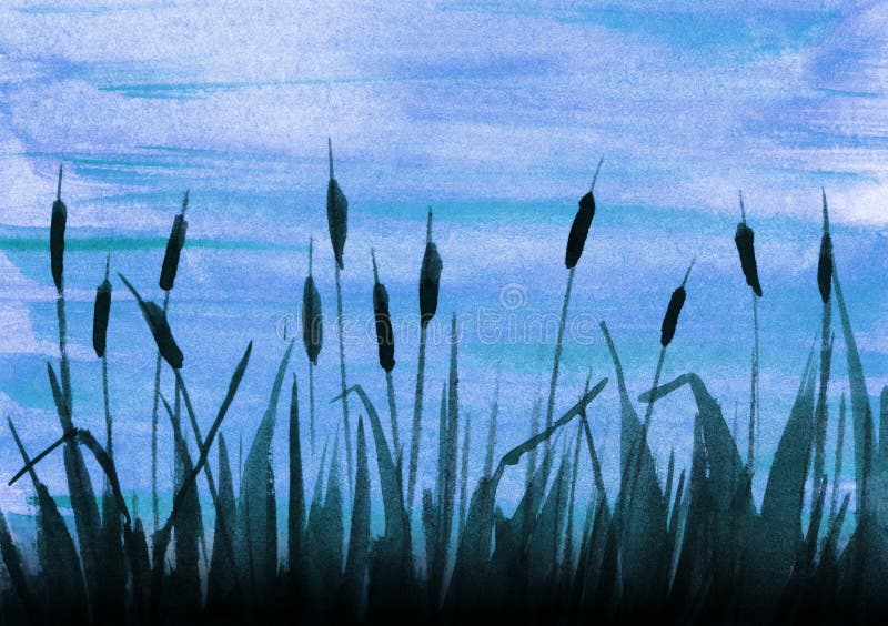 Abstract watercolor landscape in blue and dark green colors. Dark silhouettes of cattails against background of pure blue water. Hand drawn peaceful summer illustration. Abstract watercolor landscape in blue and dark green colors. Dark silhouettes of cattails against background of pure blue water. Hand drawn peaceful summer illustration.